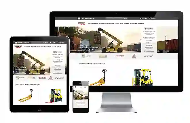 Die Stapler Homepage von Eder wird auf dem Handy, auf dem Tablet und auf dem Computer gezeigt
